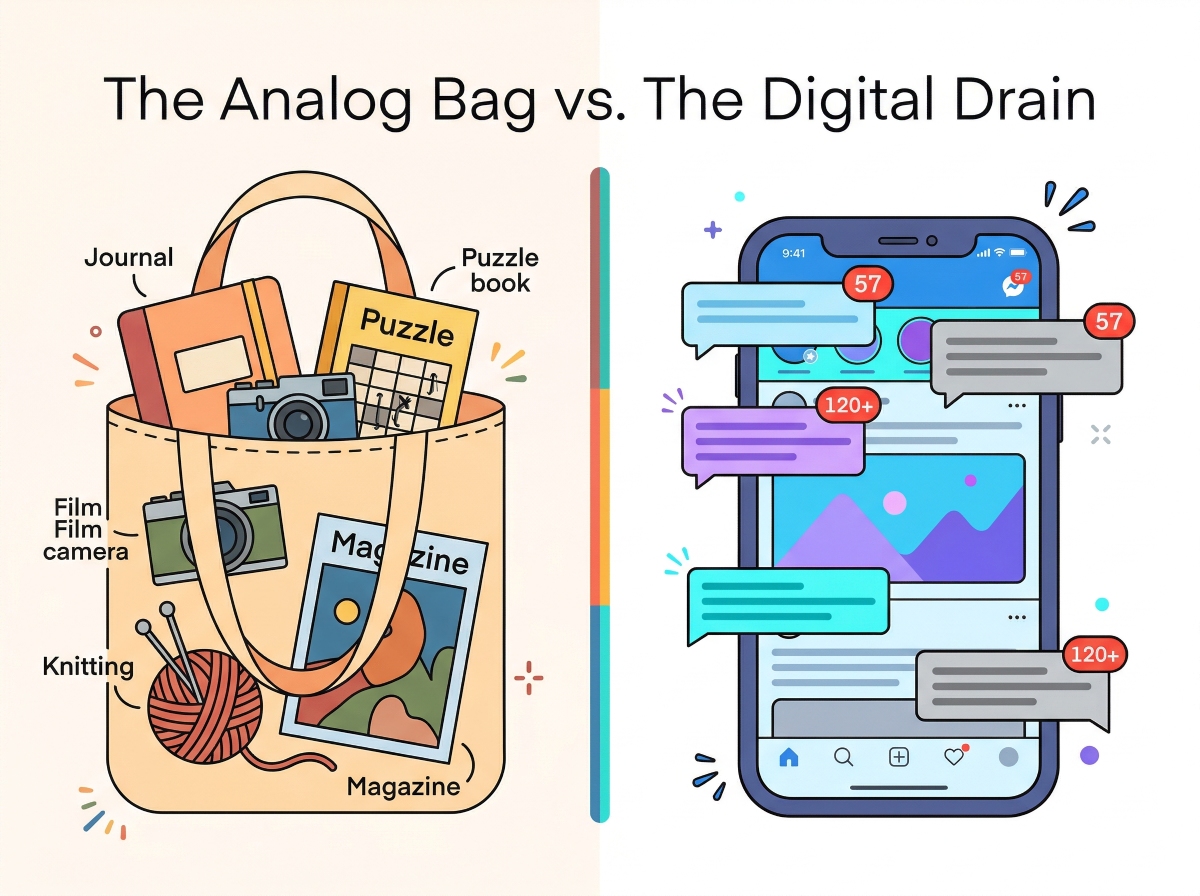 Infographic showing the analog bag trend — a tote bag with journal, puzzle book, film camera, knitting, and magazine contrasted against a phone with notifications.