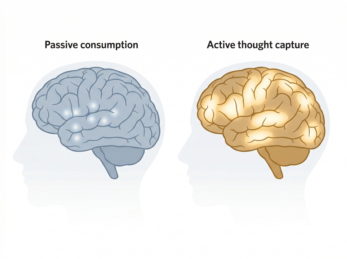 Side-by-side brain scan visualization: minimal activation during passive consumption on the left versus widespread neural activation during active thought capture on the right.