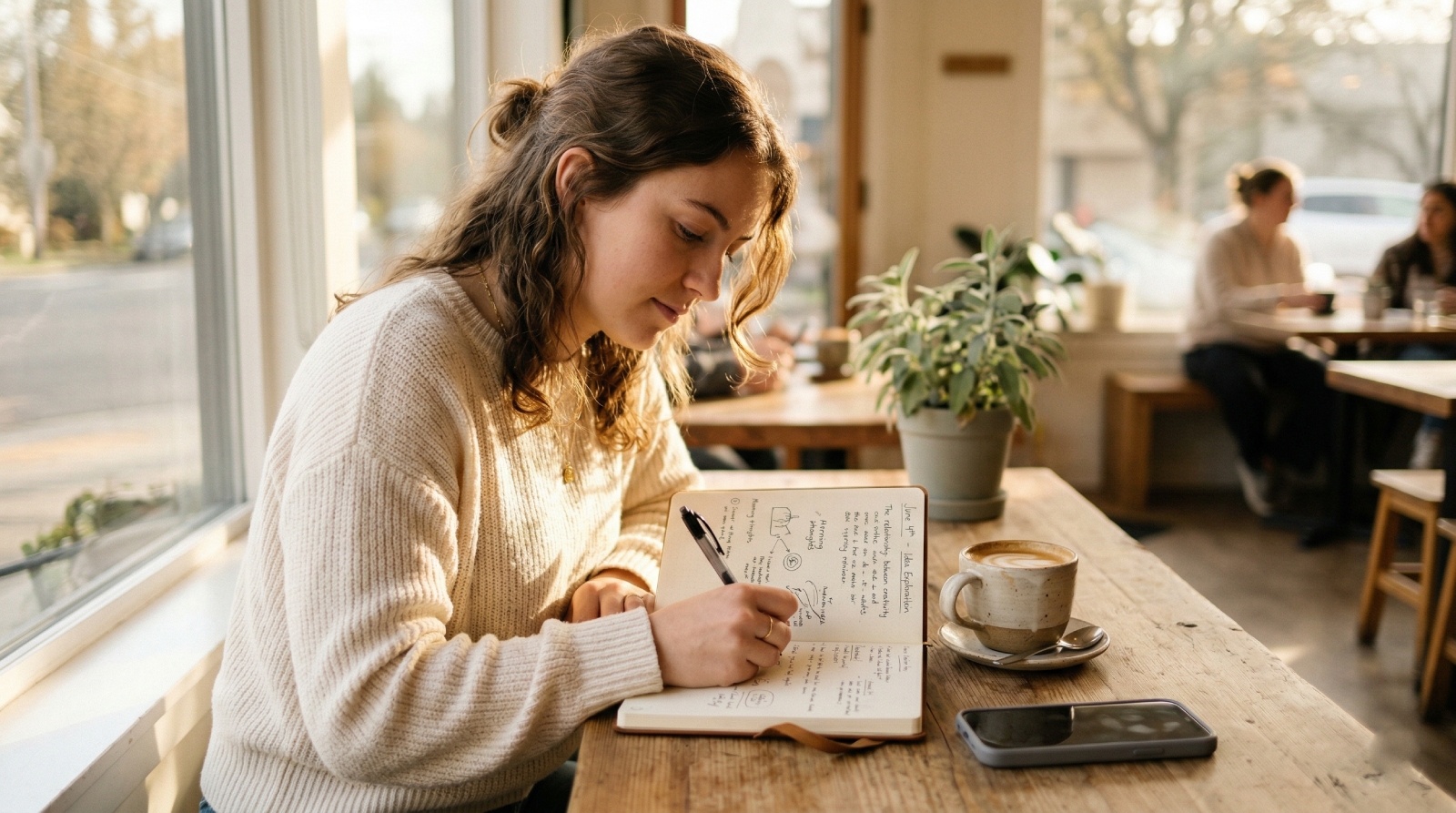 A person sitting at a sunlit café table with both a paper notebook open and a phone face-down beside it