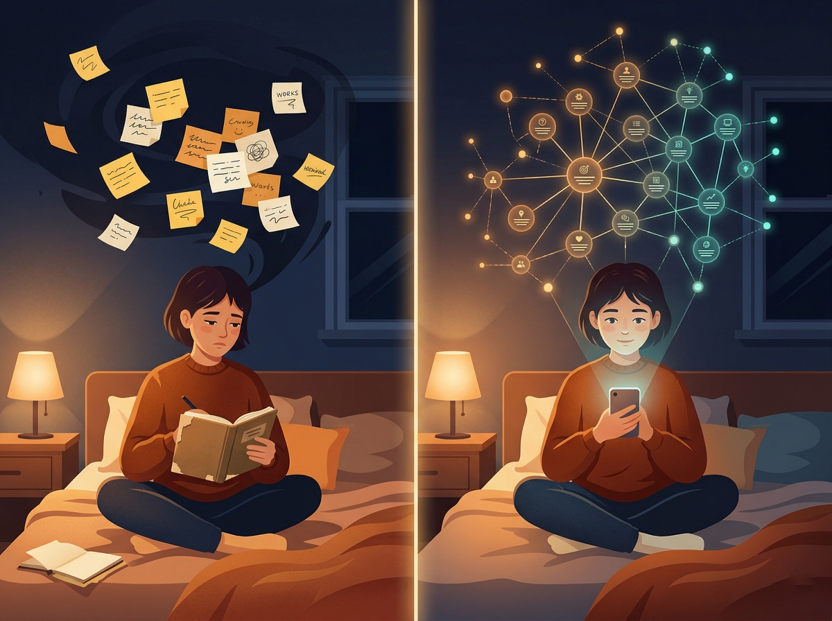 Without vs. With comparison: scattered disconnected notes in a paper journal on the left versus connected thoughts forming a knowledge graph with Mindskribe on the right.