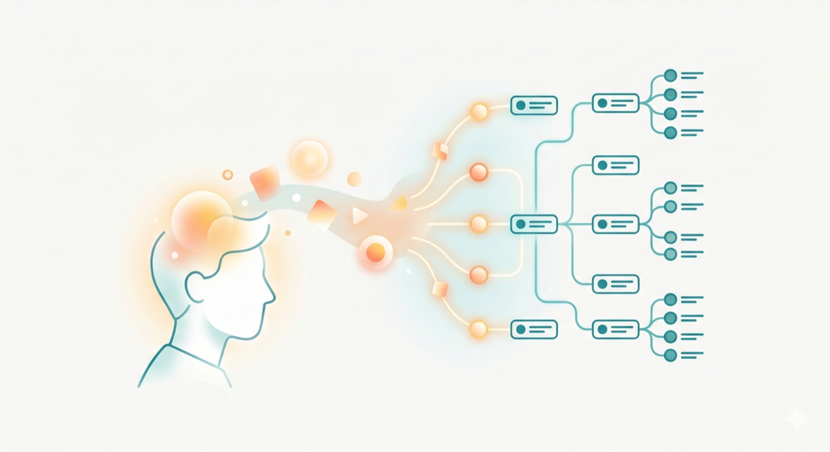 Illustration of thoughts flowing from mind into an organized hierarchy