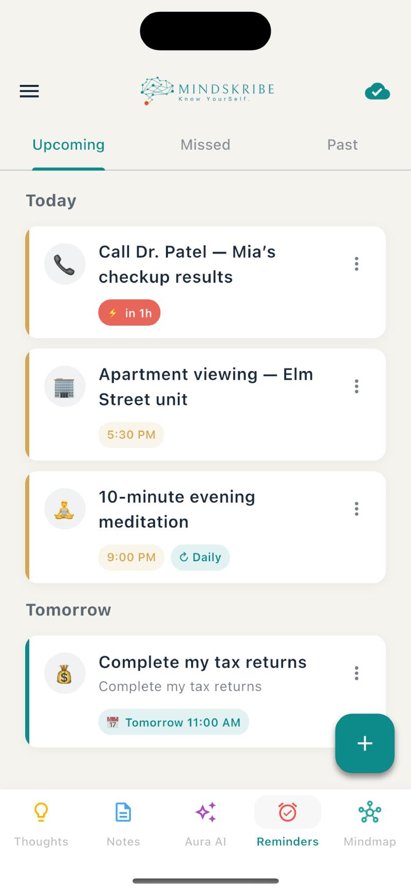 Mindskribe reminders showing emoji avatars, urgency-colored borders, smart time chips, and daily recurrence badges